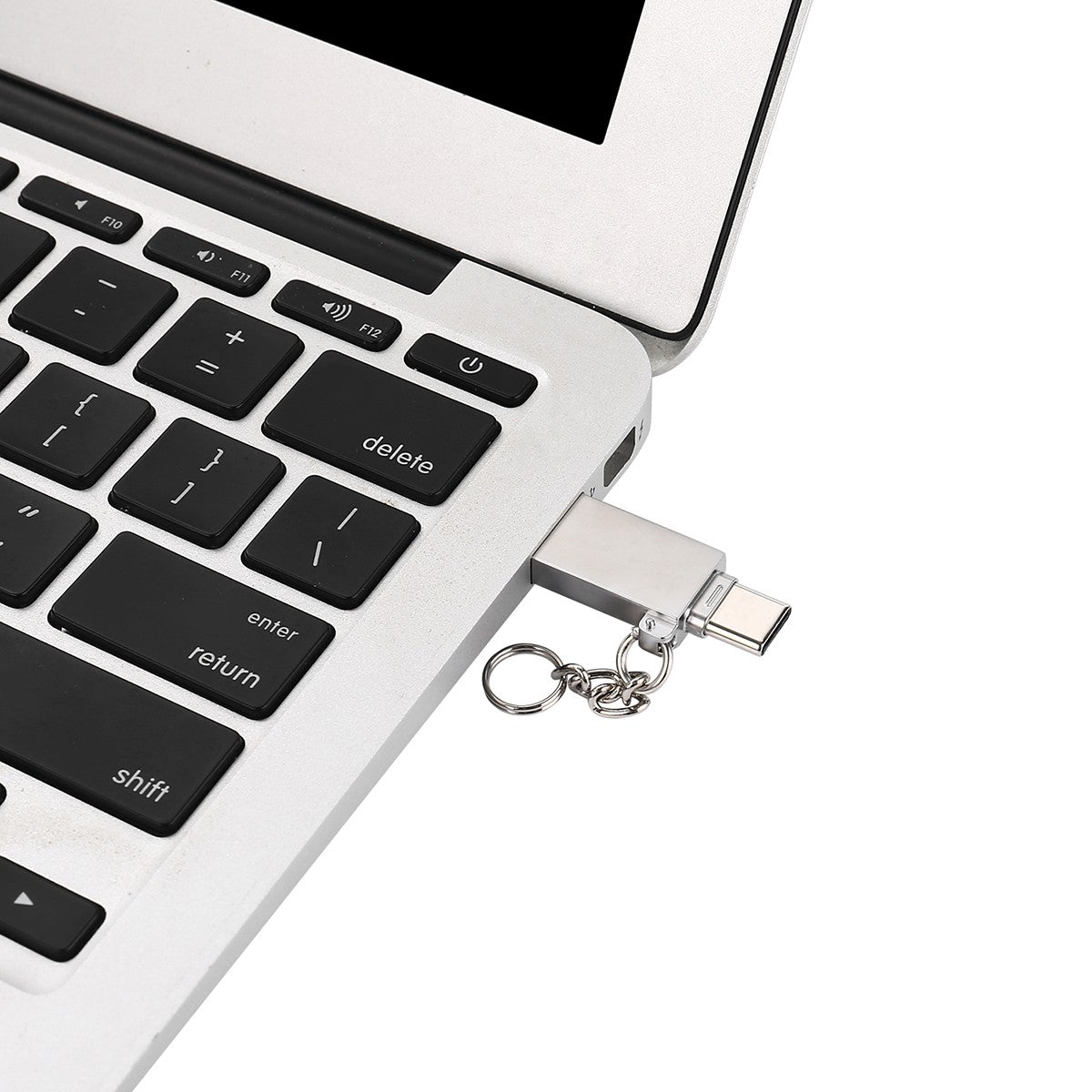 FT-ADA21 2-in-1 Card Reader for Type-C & USB A plugged into a laptop, demonstrating compatibility with Type-C ports for fast data access | Hugmie